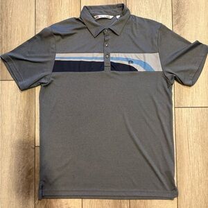 Travis Mathew Men’s Large Gray and Blue Polo Shirt Modern Design